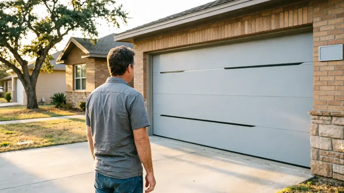 A man stands in a driveway looking at a closed gray garage door.