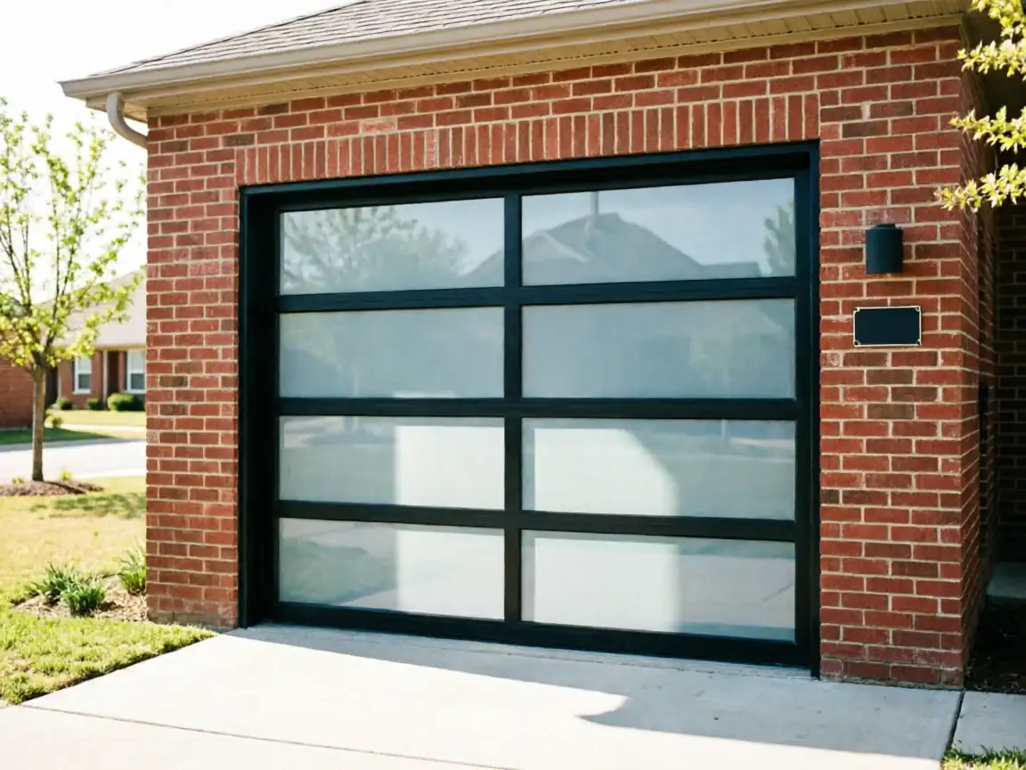 A modern black garage door with frosted glass panels on a brick house.