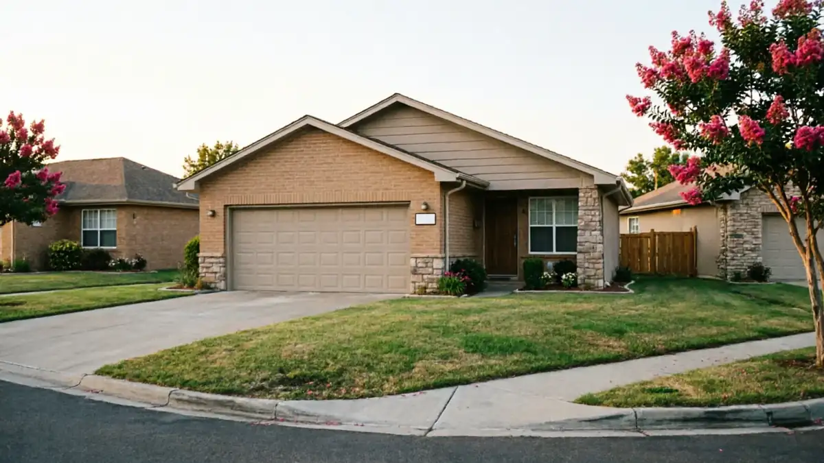 A beige house with a matching garage door sits on a corner lot.