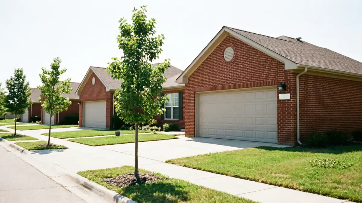 A row of brick houses with light-colored garage doors and green lawns.