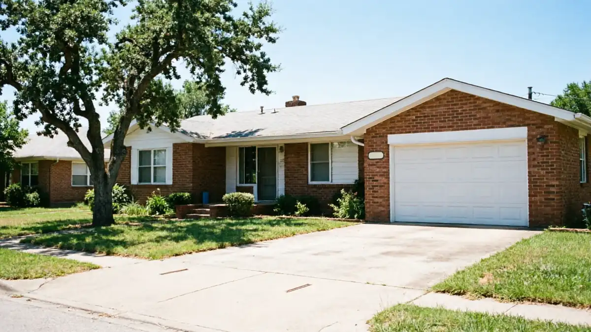 A single-story brick house has a white garage door and a large tree in the front yard.