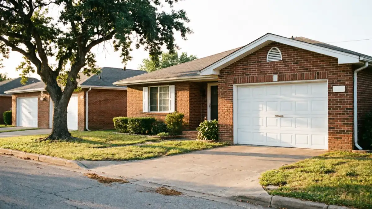 A row of brick houses with white garage doors and green lawns.