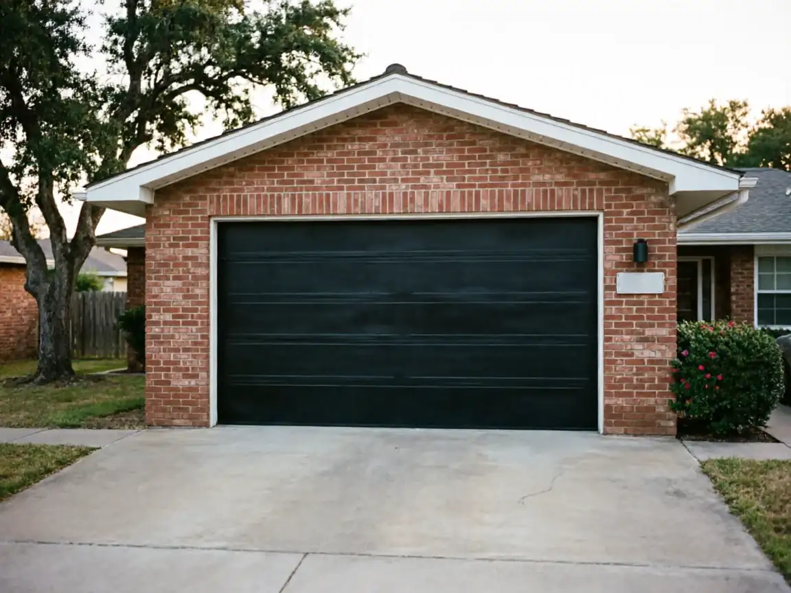 A black garage door is on a brick house with a concrete driveway.