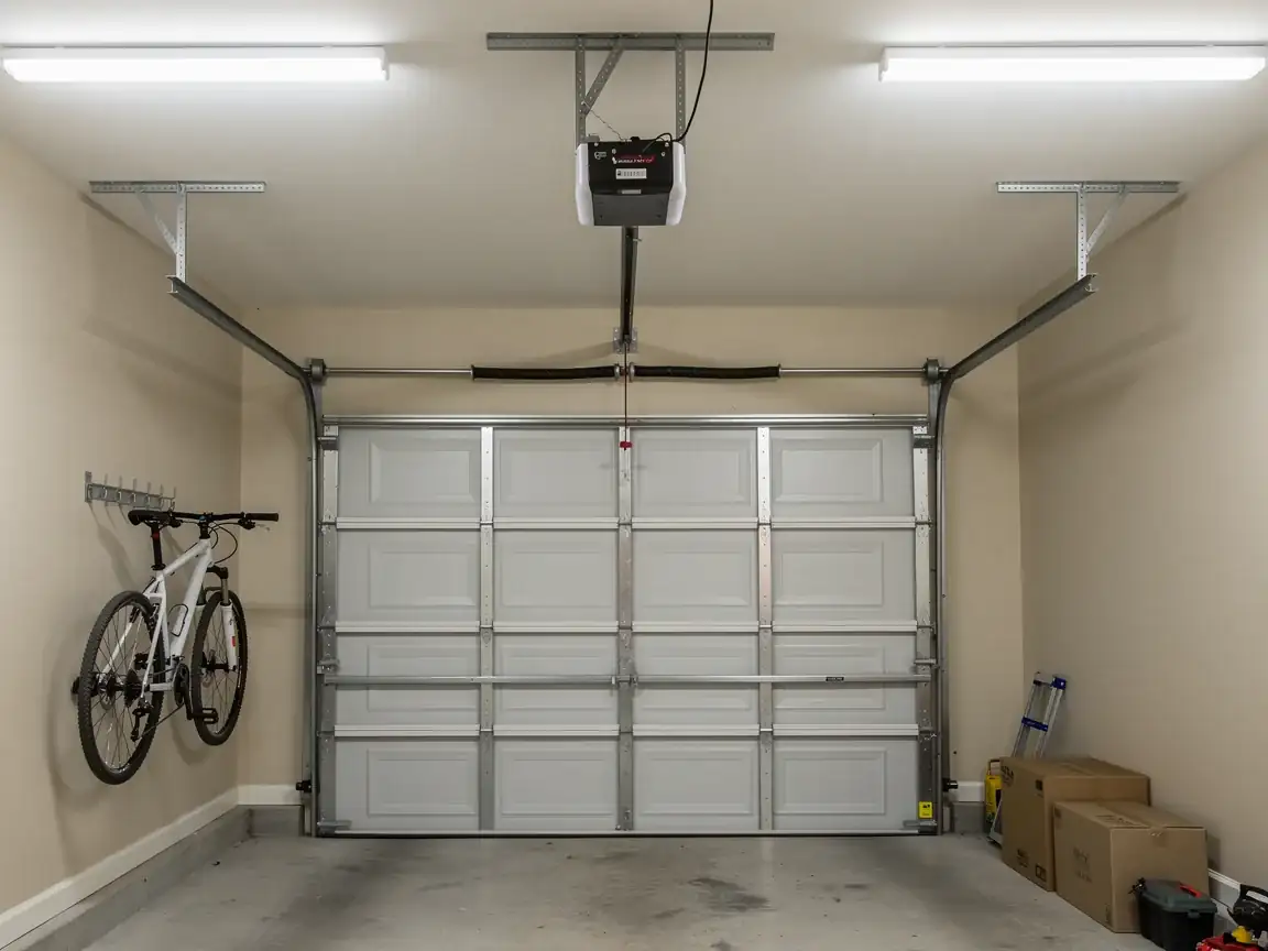 A white garage door is closed in a clean garage with a bicycle on the wall.