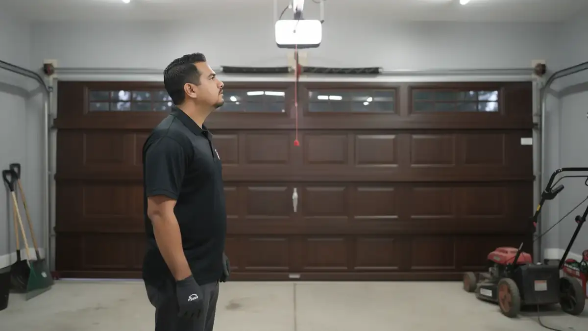A technician looks up at a garage door opener in a garage.