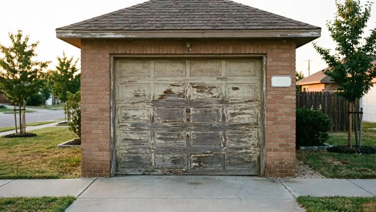 The garage door on a brick garage has peeling paint and a small white sign.
