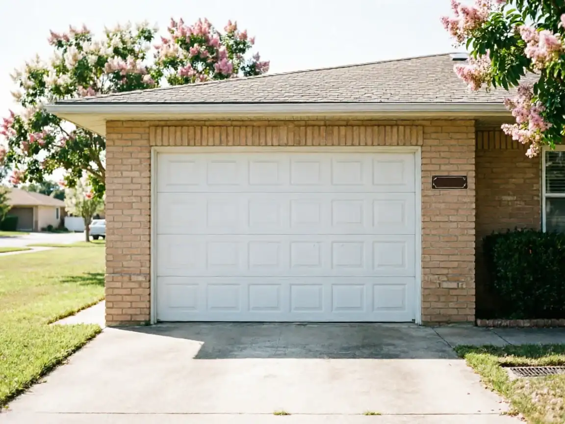 A white paneled garage door is on a brick house with pink flowering trees.