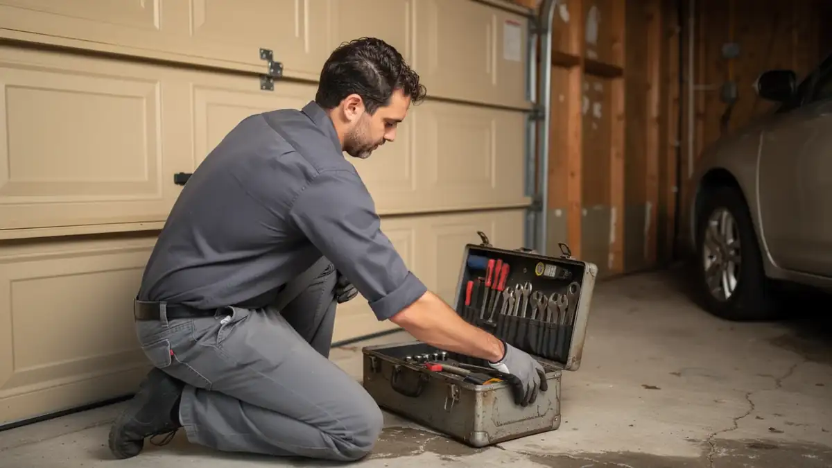 A technician kneels in a garage, reaching into an open toolbox with various tools.