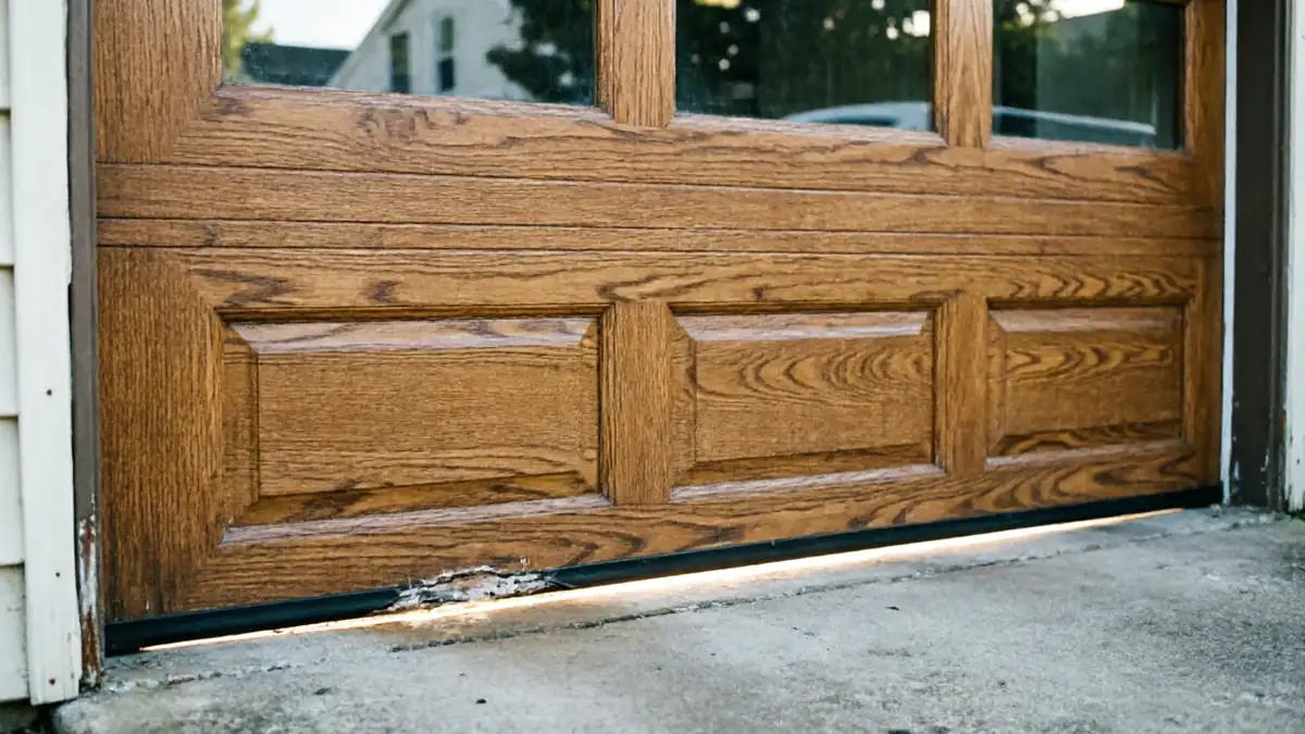 The garage door is brown with windows and a damaged bottom seal.