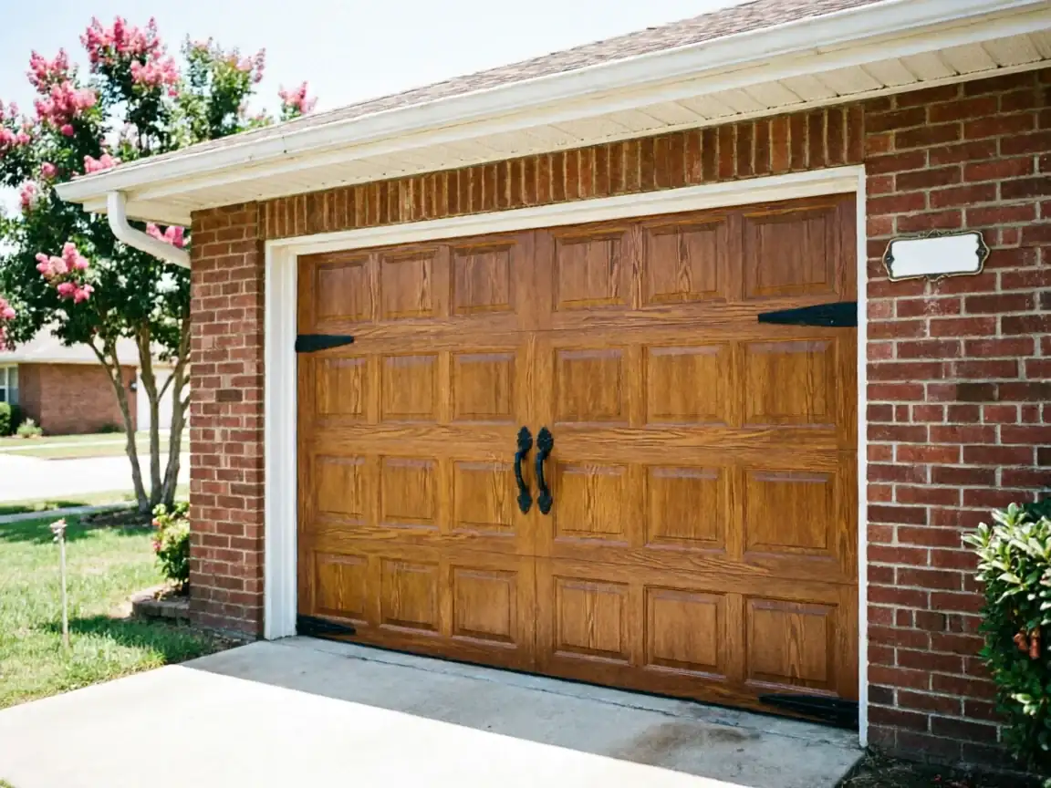 A brown garage door with decorative black hardware is set in a brick house.